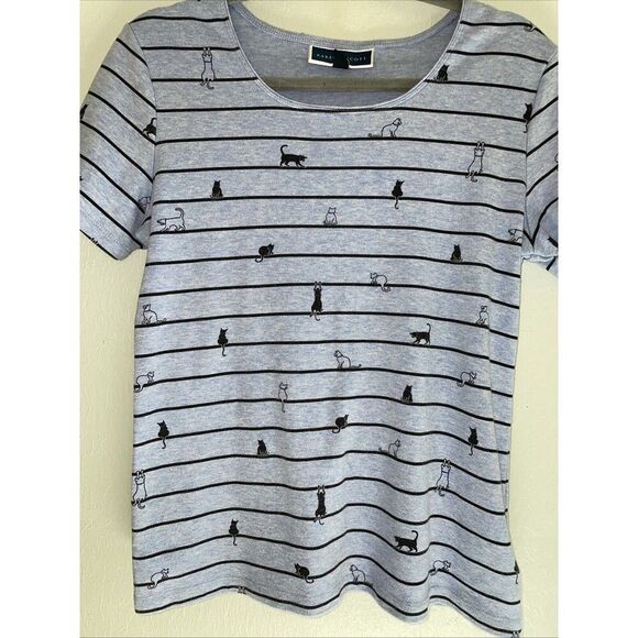 Cat Lady T Shirt All Over Print 90s Blue Striped Animals Novelty Sz medium - Picture 2 of 8